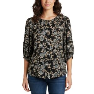 Knox Rose Blue Floral Gold Metallic Stripe Crochet Sleeve Button Front Top Small